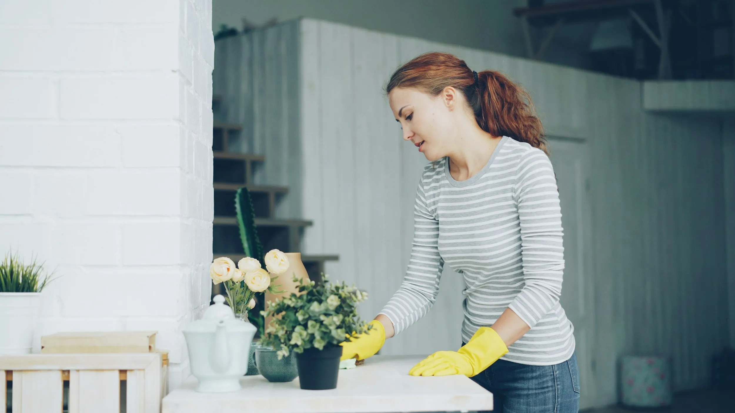 A housekeeper in yellow gloves wiping a table beside a vase of white flowers